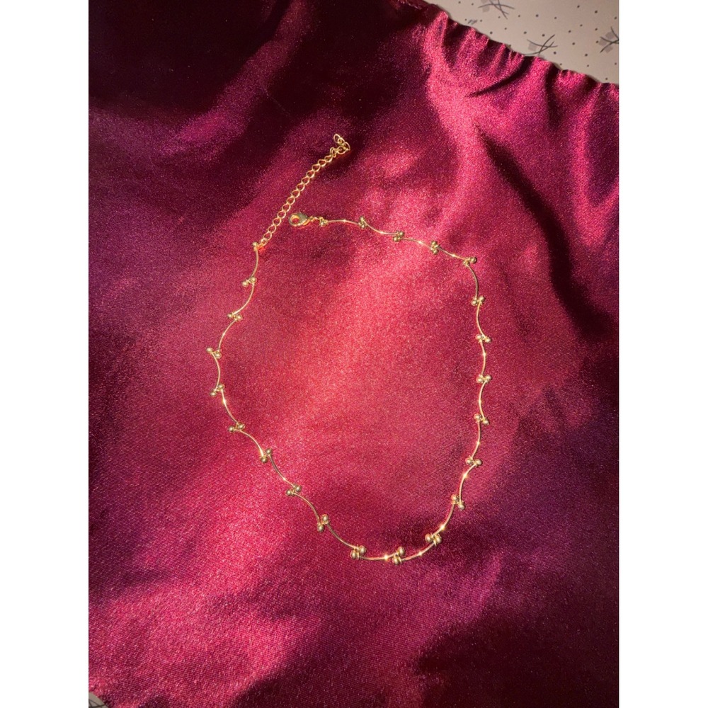 Gold Tone Wavy Bar Beaded Choker Necklace Minimalist Dainty Adjustable Chain‎
